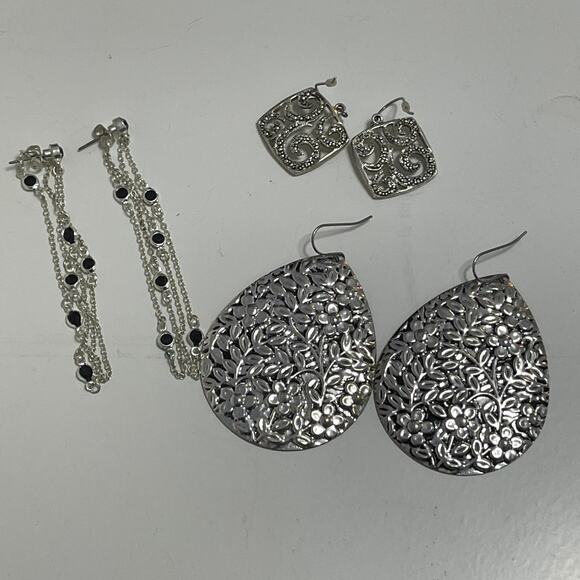 THREE pair of earrings pierced dangle drop style silver tone costume jewelry - Picture 1 of 13